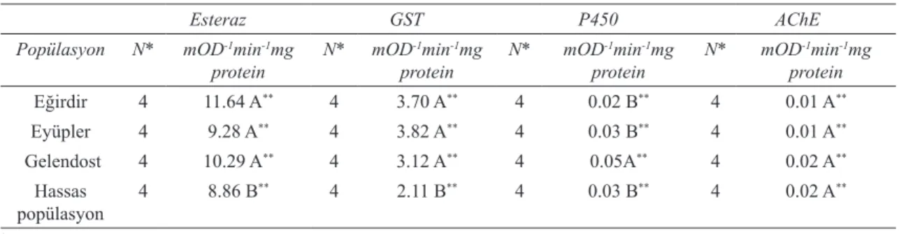 Table 4- Esterase, GST, P450 and AChE enzyme activities of Neoseiulus californicus populations (P< 0.05)