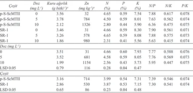 Çizelge 1- Farklı Zn dozu uygulamalarının, çeşit ve çeşit x doz interaksiyonlarının transgenik p-S-ScMTII  tütün  bitkisi  ve  transgenik  olmayan  SR-1  tütün  bitkileri  yeşil  aksamlarının  kuru  ağırlıkları,  element  konsantrasyonları ve N/P, N/K ve P