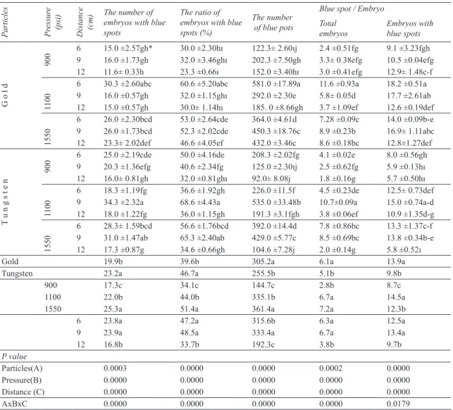 Table 1- Blue spot numbers obtained in bombardments made on mature embryos of triticale with tungsten  and gold particles using three different pressures and distances