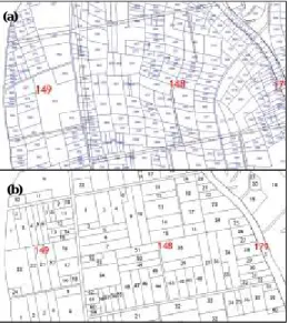 Şekil  1-  Edirne-Elçili  projesinde  arazi  toplulaştırması  öncesi  (a)  ve  sonrası  (b)  148  ve  149  no’lu  bloklardaki  parsellerin yola olan bağlantıları  