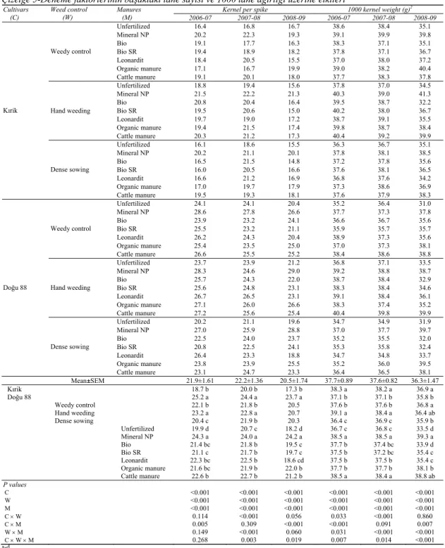 Table 5-Effects of experimental variables on kernels per spike and 1000 kernel weight 