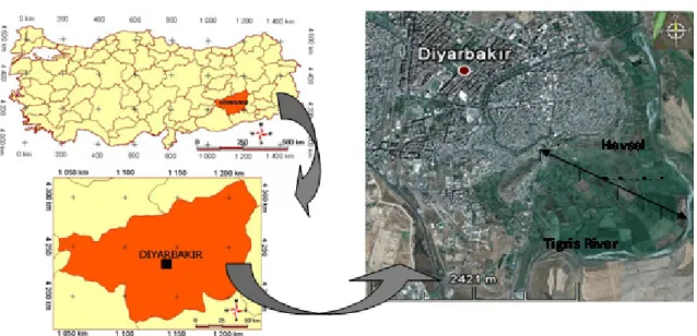 Figure 1-Location of the study area in South-eastern Turkey (at three scales) 