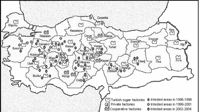 Figure 1. Infested areas of 17 factories in three-year periods,1996-1998, 1999-2001 and 2002-2004