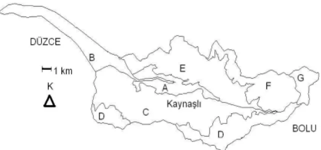 Şekil 3. Asarsuyu havzası üst ekolojik birimleri; A, B, C, D, E,  F, G, 