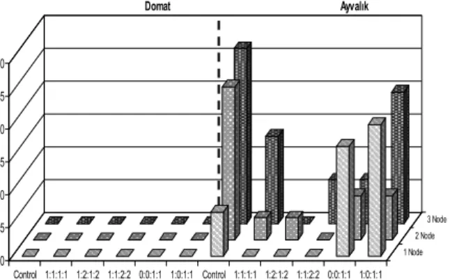 Figure 6. Rooting percentage of Domat cv. and Ayvalık cv.  cuttings in April 2003.  0 102030405060 Control 1:1:1:1 1:2:1:2 1:1:2:2 0:0:1:1 1:0:1:1 Control 1:1:1:1 1:2:1:2 1:1:2:2 0:0:1:1 1:0:1:1 1 Node 2 Node 3 NodeDomatAyvalık