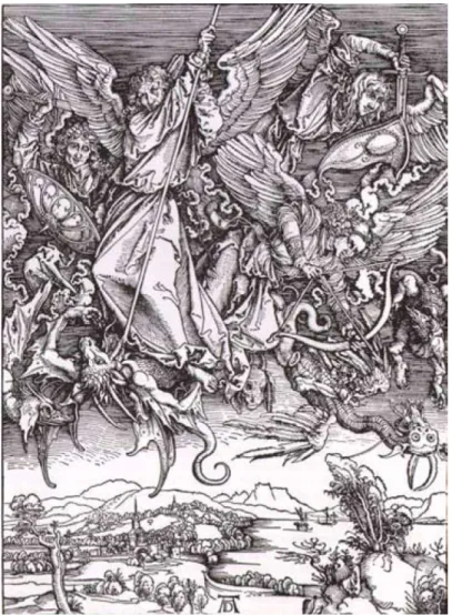 Tablo 5. Albrecht Dürer, Aziz Michael'ın Ejderle Savaşı, 1498, Ağaçbaskı,  39,2x28,3 cm 