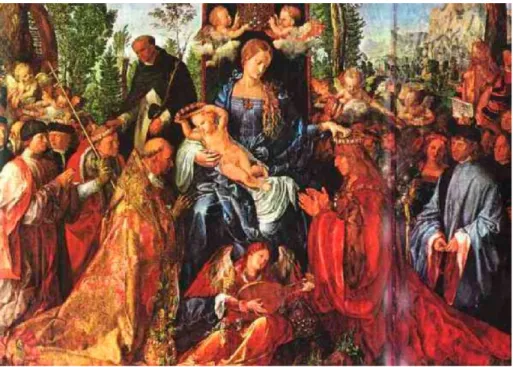 Tablo 7. Albrect Dürer: Gül Çelengi Yortusu , 1506 , kavak panel üzerine  yağlıboya , 162x192 cm, Ulusal Galeri, Prag 