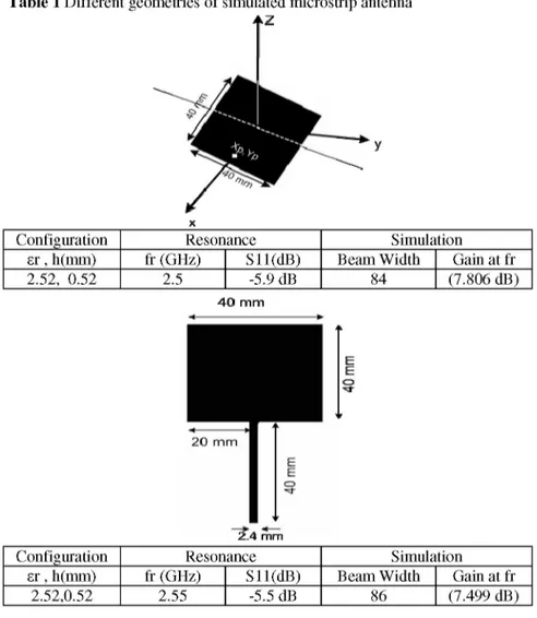 Table 1 Different geometries of simulated microstrip antenna  + Z 