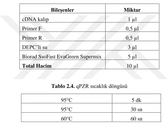 Tablo 2.3. qPZR bileşenleri ve eklenen miktarlar 