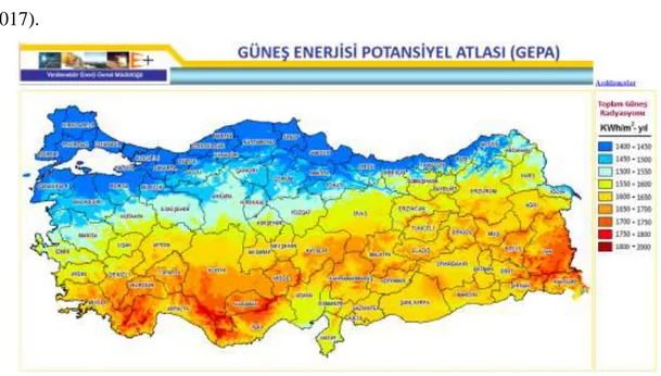 Şekil 2.2. Türkiye güneş enerji potansiyel atlası(YEGM, 2017). 