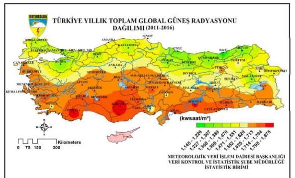 Şekil 2.4. Türkiye yıllık toplam global güneş radyasyonu dağılımı (MGM, 2017). 