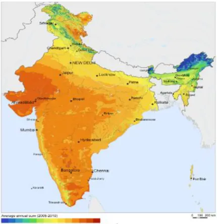 ġekil 3.7. Hindistan güneĢ enerjisi kurulu güç dağılım haritası (Solargis,2016). 