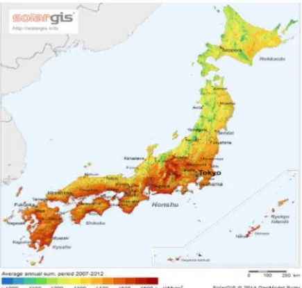 ġekil 3.8. Japonya güneĢ enerjisi  kurulu güç dağılım haritası (Solargis,2016). 