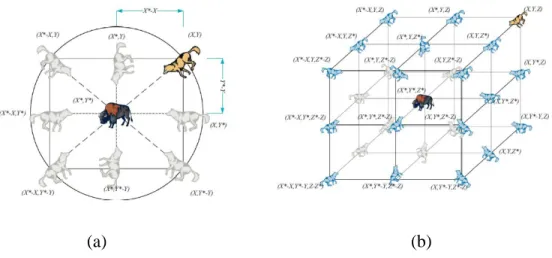 Şekil  3.14.  2D  (a)  ve  3D  (b)  uzayında  pozisyon  vektörleri  ve  muhtemel  bir  sonraki 