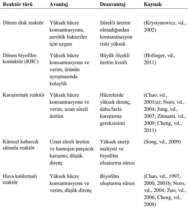 Çizelge 2.4. Bakteriyal selüloz üretiminde kullanılan reaktörler ve karşılaştırılması