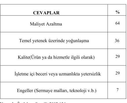 Tablo 3: Dış Kaynak Kullanımının Temel Nedenleri 