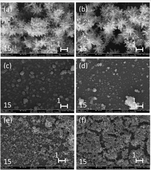 Figure 3. FESEM images of: non-annealed ZnO (a); annealed ZnO (b); non-annealed ZnS (c);  annealed ZnS (d); non-annealed ZnSe (e) and annealed ZnSe (f) thin films 