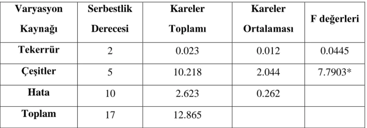 Çizelge  5.13:  Kinoa  çeşitlerinin  Bilecik  Yöresine  adaptasyonunda  ham  protein  oranı  (%) ilişkin varyans analiz tablosu