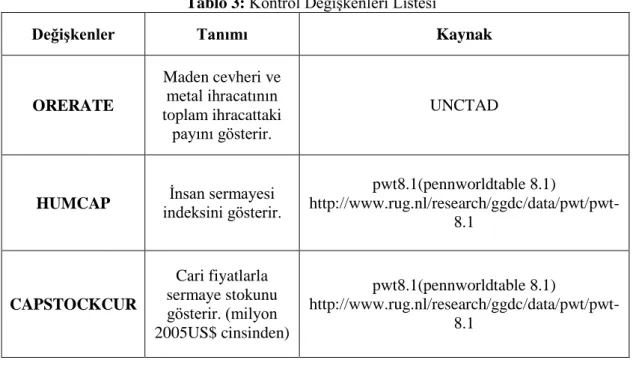 Tablo 3: Kontrol Değişkenleri Listesi 