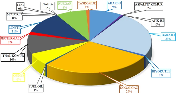 Şekil 1.11‘de ve Tablo 1.3‘de verilen toplam kurulu gücün birincil kaynaklara göre dağılımı (%)  gösterilmektedir.