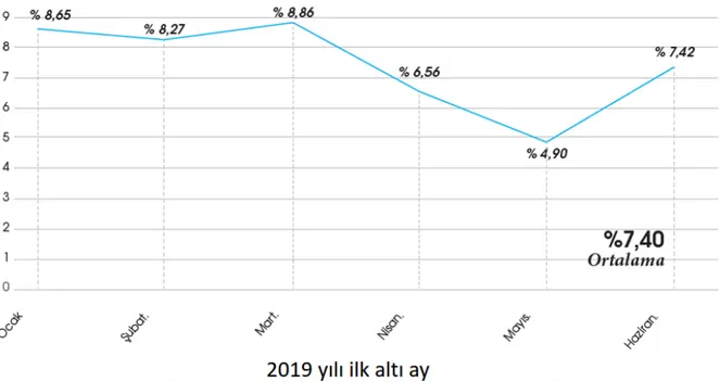 Şekil 2.8. 2019 Yılı İtibariyle Türkiye’de Rüzgar Enerjisi Santrallerinin Elektrik Üretimindeki Payı(%)  Kaynak: ( TREİR, 2019: 5) 