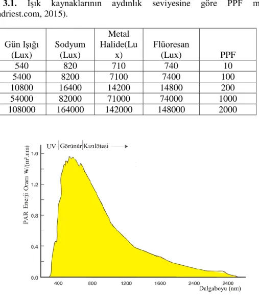 Çizelge  3.1.  Işık  kaynaklarının  aydınlık  seviyesine  göre  PPF  miktarları  (www.fondriest.com, 2015)