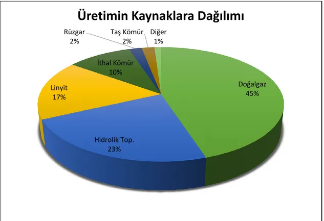 Şekil 2.6.Türkiye’deki elektrik enerjisi üretiminin dağılımı (EPDK, 2011). 