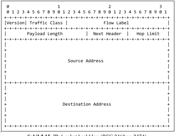 Şekil 2.15. IPv6 paket başlıkları (RFC 2460 ve 2474). 