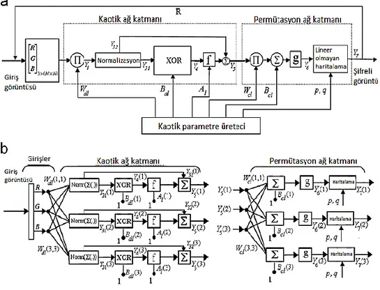 Şekil 4.1. Şifreleme süreci (a) öbek şeması, (b) ağ şeması (Bigdeli, vd., 2012). 