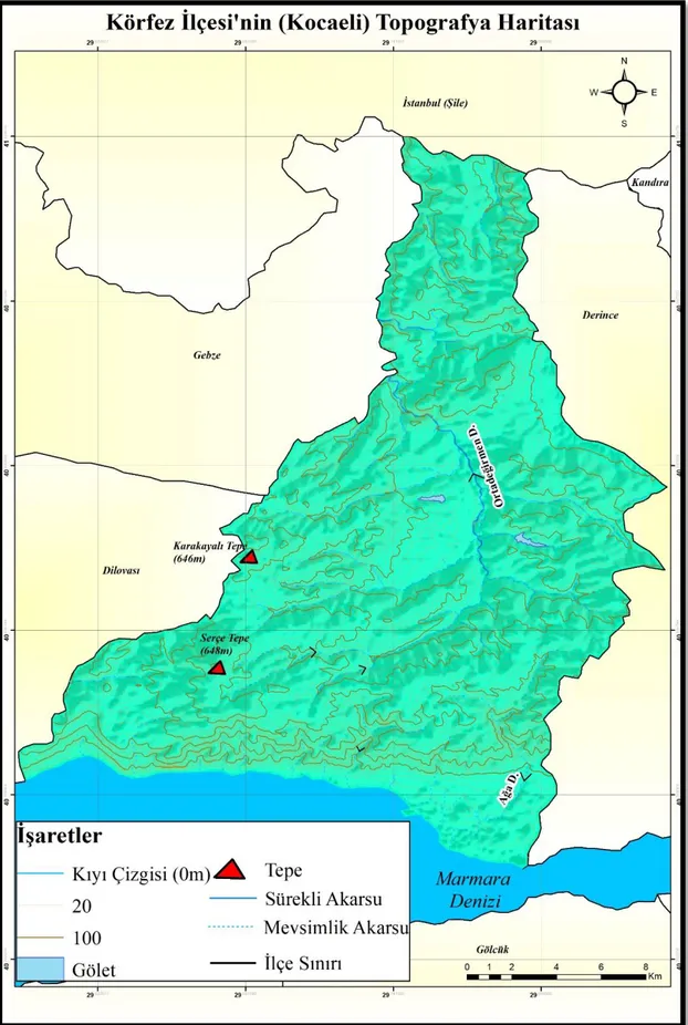 Şekil 2: Körfez İlçesi'nin (Kocaeli) Topoğrafya Haritası 