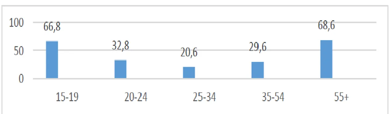 Şekil 2.1: Türkiye’de Yaş Gruplarına Göre Kayıt dışı istihdam Oranı, (%, 2015) 
