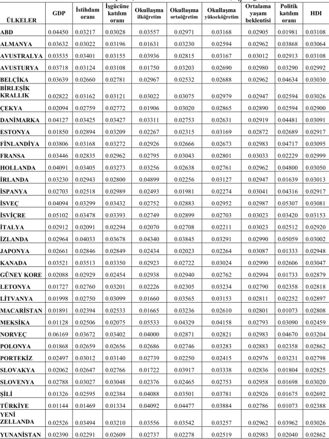 Tablo 3.2: 2010 yılı için Normalize Karar Matrisi (