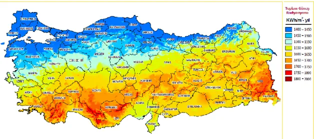 Şekil 3.4. Türkiye Güneş Enerjisi Potansiyel Atlası (YEGM, 2019).  