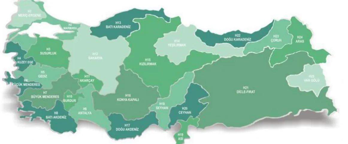 Şekil 2.1. Türkiye‟nin 25 ana akarsu havzası haritası.  