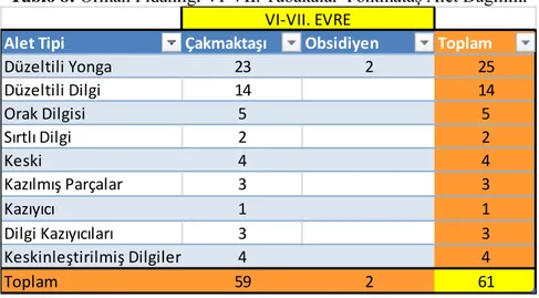 Tablo 8: Orman Fidanlığı VI-VII. Tabakalar Yontmataş Alet Dağılımı 