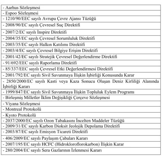 Tablo  3.2  ile  gözlendiği  üzere,  AB’  nin  yatay  mevzuatı  çeşitli  uluslararası  sözleşmeler,  protokoller,  tüzükler,  kararlar  ve  direktiflerden  meydana  gelmektedir