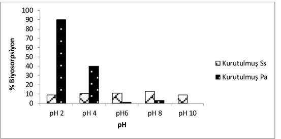 Şekil 4.9. Kurutulmuş  algler ile ARP-2BX’nin biyosorpsiyonunda  pH etkisi. 