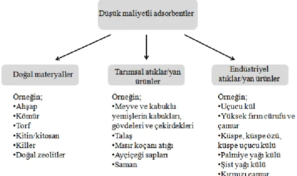 Şekil 2.5. Doğal materyaller ve atıklardan elde edilen adsorbentler. 