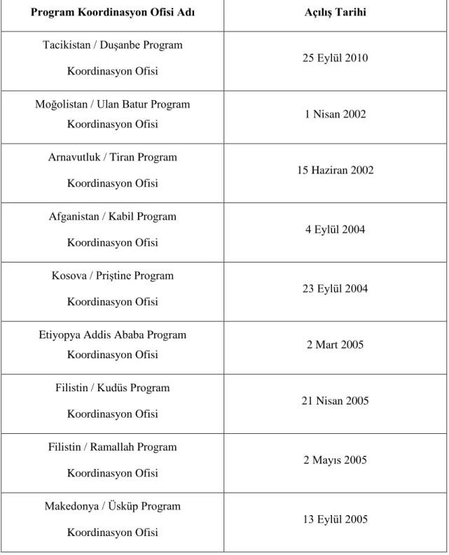 Tablo  6.  1999-2011  Yılları  Arasındaki  Yeniden  Yapılanma  Sürecinde  TİKA'nın  Program Koordinasyon Ofisi Açtığı Ülkeler : 