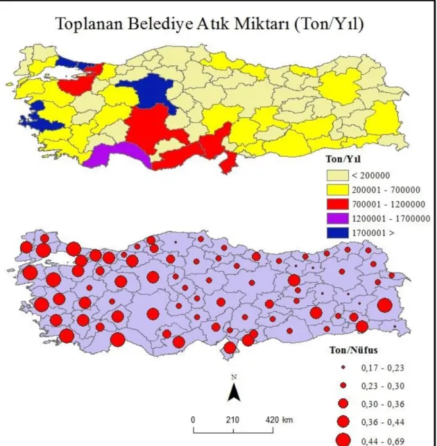 Şekil 3.2. Türkiye’de Toplanan Katı Atık Miktarının Şehirlere Ve Nüfusa Oranı Haritası 