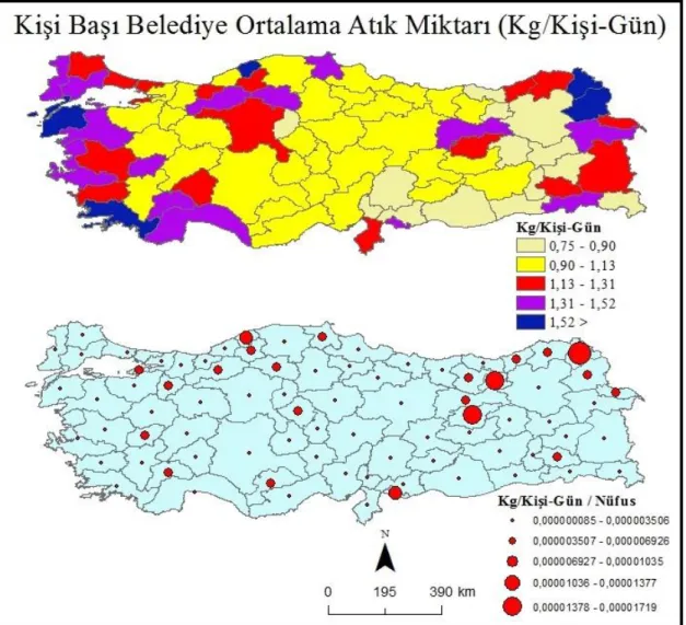 Şekil 3.3. Türkiye’de Kişi Başı Belediye Ortalama Atık Miktarı Haritası 