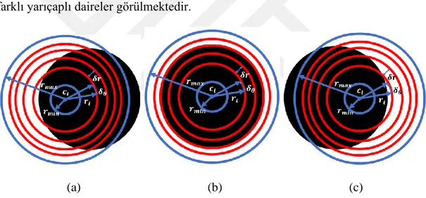 Şekil  3.2  :  Farklı  merkez  noktaları  için  oluşturulan  daireler:  (a)  ve  (c)  gerçek  göz  merkezi dışındaki  noktalar için  elde edilen daireler, (b) gerçek merkez noktası için  elde edilen daireler