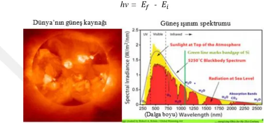 Şekil 2.8 : Güneşin enerji üretimi (sol) ve ışınım spektrumu (sağ). 