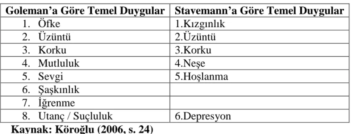 Tablo 1.1. Temel Duygular 