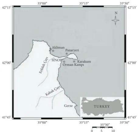 Figure 1. Map showing the sampling sites of stations 1 (Akliman), 2 (Pazar Yeri), 3 (Karakum), and 4 (Orman Kampı) in the study area.