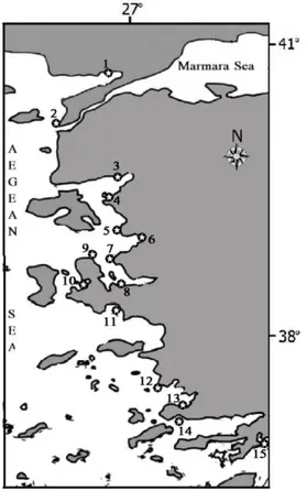 Figure 1. Map of the study area (1. Sazlıdere (Saros Bay),   2. Çanakkale Monument, 3