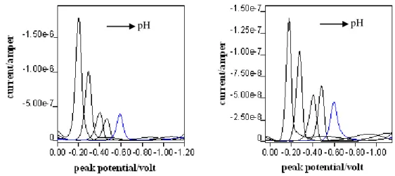 Figure 1. Voltammograms and polarograms of 3-allyl-4-hydroxy-3'-4'-dimethylazobenzene in Britton- Britton-Robinson Buffer solutions a) SWV (pH: 3.0, 4.5, 6.0, 7.0, 9.5 respectively), b) DPP (pH: 3.0,  4.5, 6.0, 7.0, 9.5 respectively)