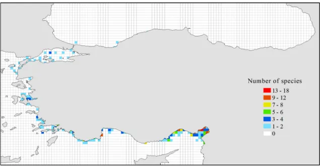 Figure 7. The number of alien species in quadrates (15 × 15 km) along the Turkish coasts.