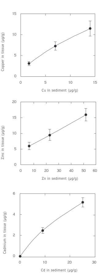 Figure 1. Mean concentrations of copper, zinc and cadmium in Arenicola at the end of 96–hour static sediment bioassay