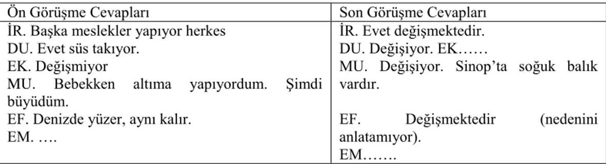 Tablo 3. “Şehirlere göre meslekler/işler değişmekte midir?” Sorusuna Ait Bulgular  Ön Görüşme Cevapları  Son Görüşme Cevapları 